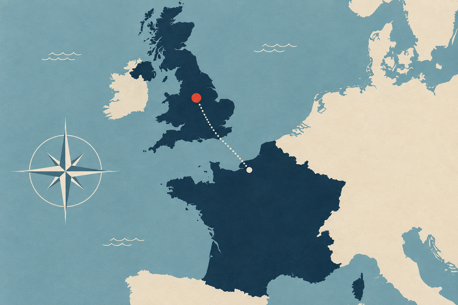 Stylised map of the UK and France with a compass, a red location marker and a dotted travel route.